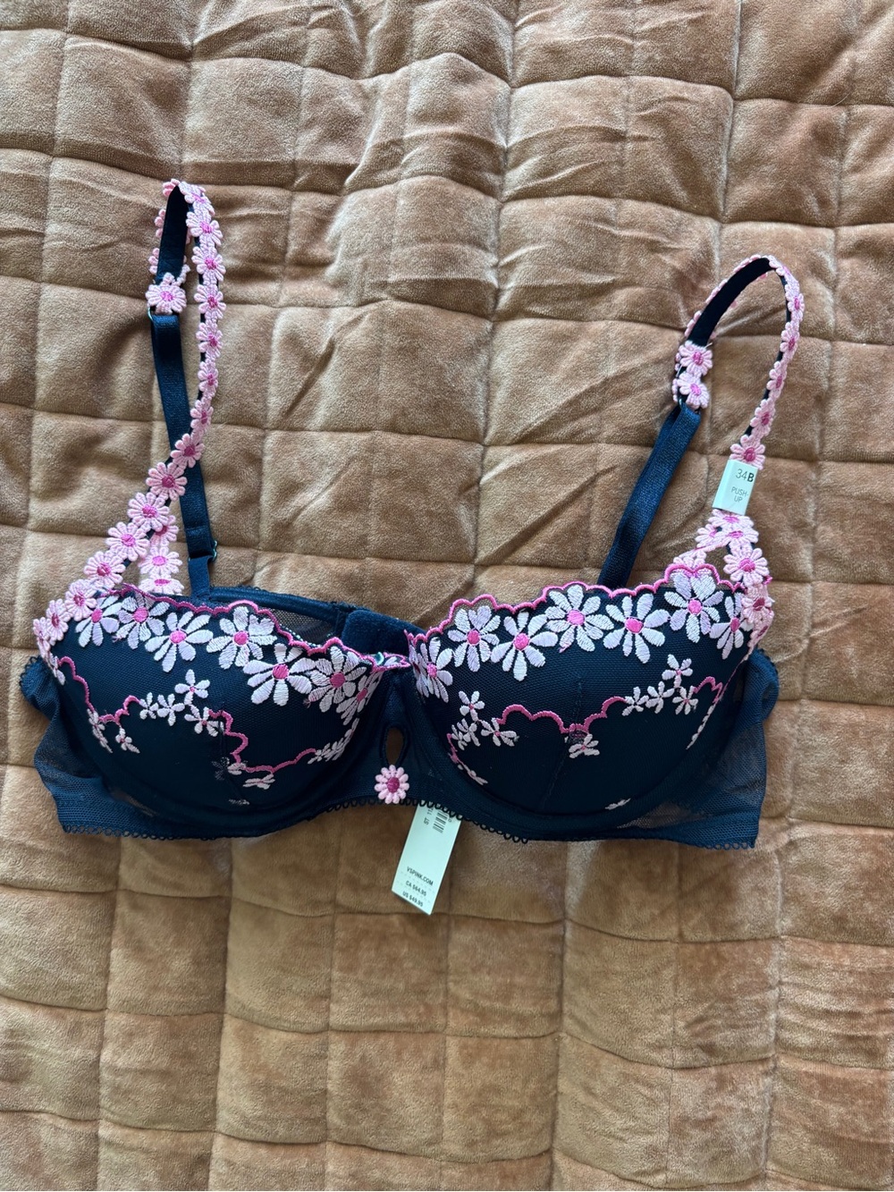 Victoria's Secret Navy Bra with Pink Floral Embroidery
